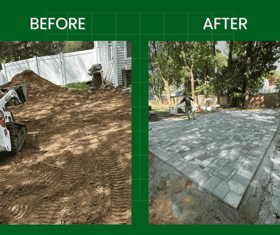 Finished paver patio with a soldier-course border laid by Baudi Landscaping in Westchester County, NY