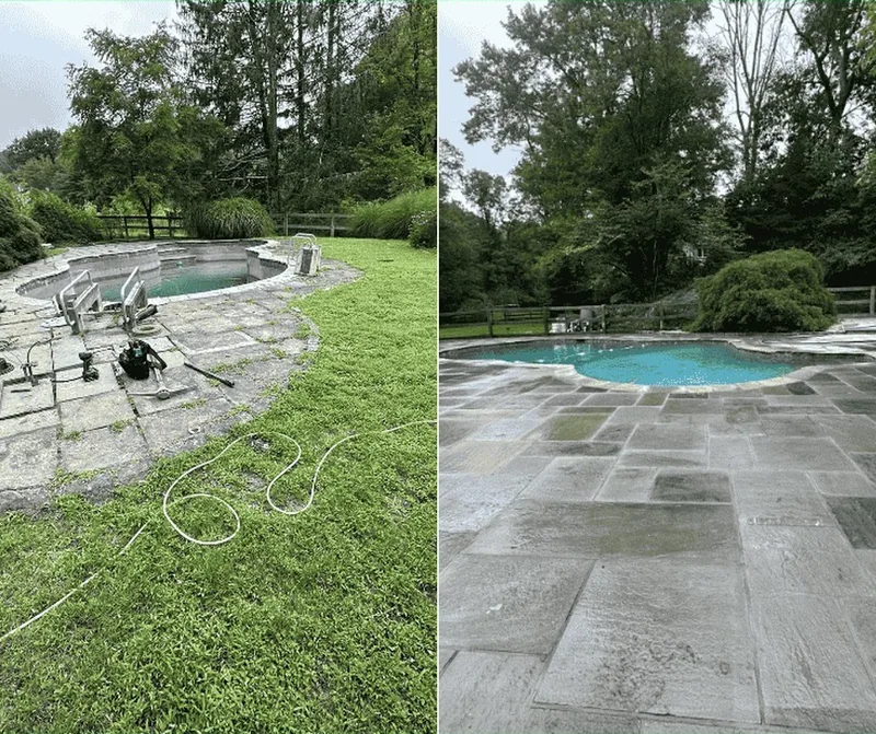 Before and after of an overgrown bluestone pool patio lifted, re-set and cleaned by Baudi Landscaping
