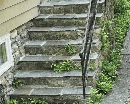 Weathered entry steps with weeds growing out of the treads and an old iron rail, before Baudi Landscaping reset them