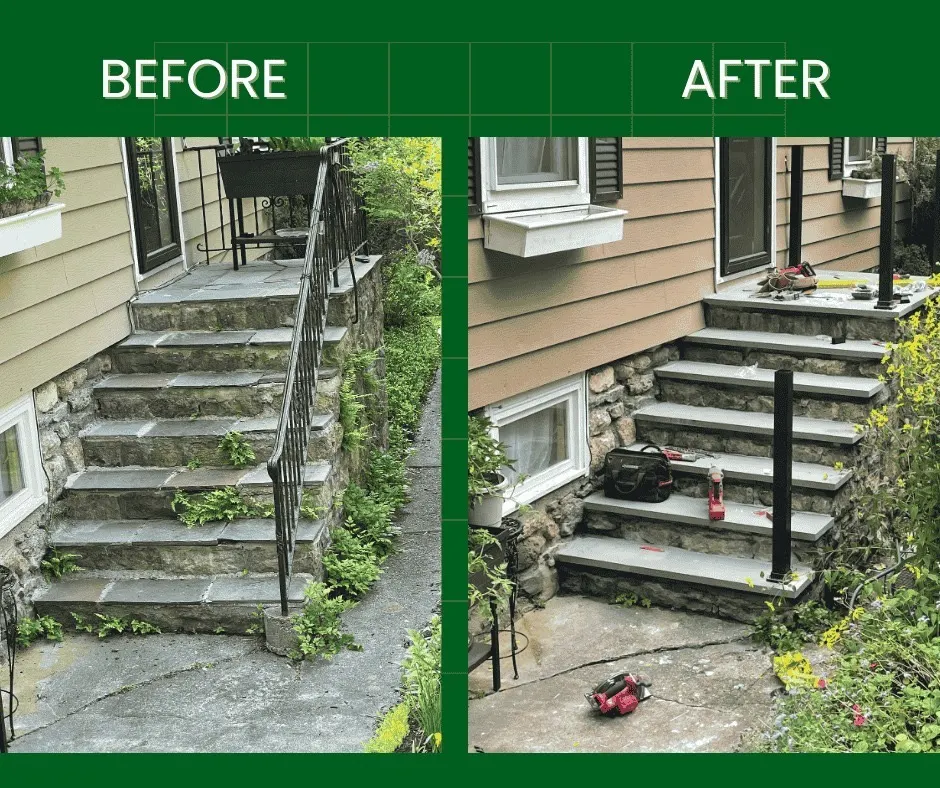 Before and after of stone stairs and a retaining wall rebuilt by Baudi Landscaping