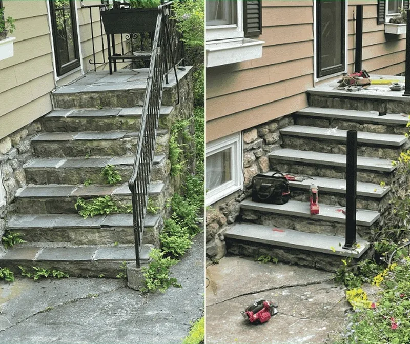 Before and after of stone stairs and a retaining wall rebuilt by Baudi Landscaping